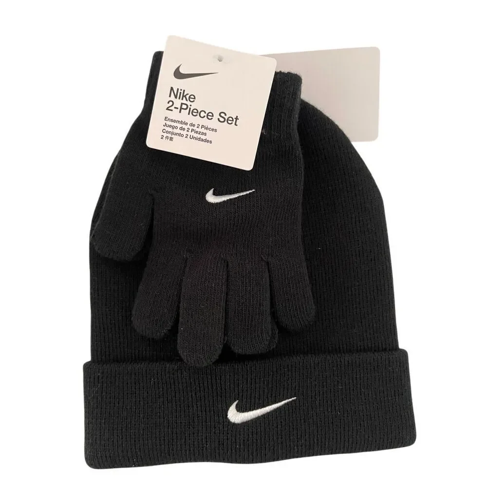 Nike Youth Black Winter 2-Piece Beanie & Gloves Set Brand New Ribbed
